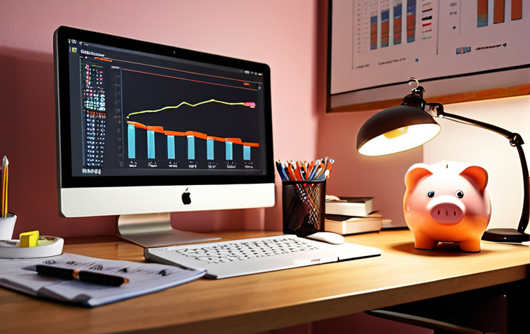 Smart Budgeting for Digital Creators**
* Prompt: "Cozy home office, digital creator working on a laptop, financial graphs and charts displayed on a second monitor, a piggy bank on the desk, warm lighting, representing smart budgeting for creative projects."
**