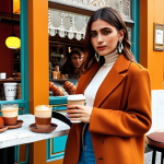 **A stylish Turkish influencer showcasing the latest fall fashion trends in front of a vibrant Istanbul cafe. Capture the essence of "Sokak Modası" (street style) with warm autumnal colors, a blend of modern and traditional elements, and a latte in hand.**
