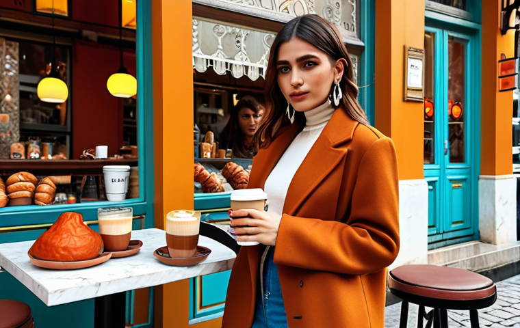 **A stylish Turkish influencer showcasing the latest fall fashion trends in front of a vibrant Istanbul cafe. Capture the essence of "Sokak Modası" (street style) with warm autumnal colors, a blend of modern and traditional elements, and a latte in hand.**