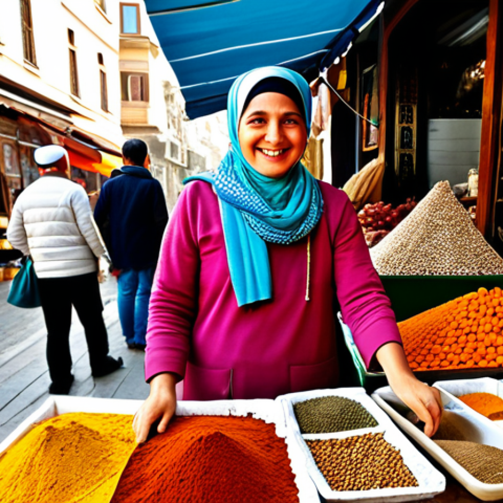 **
A vibrant marketplace scene in Istanbul. A female vendor with a warm smile, wearing a traditional headscarf and modest, colorful clothing, is arranging spices in an artful display. Behind her, bustling shoppers browse textiles and Turkish delights. Golden sunlight filters through a canvas awning. Perfect anatomy, correct proportions, well-formed hands, safe for work, appropriate content, fully clothed, professional photography, high quality, family-friendly, natural pose, modest clothing.
**