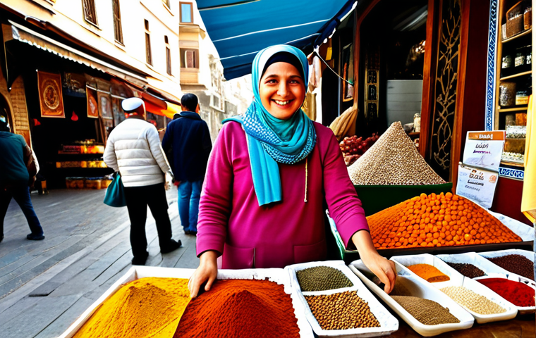 **
A vibrant marketplace scene in Istanbul. A female vendor with a warm smile, wearing a traditional headscarf and modest, colorful clothing, is arranging spices in an artful display. Behind her, bustling shoppers browse textiles and Turkish delights. Golden sunlight filters through a canvas awning. Perfect anatomy, correct proportions, well-formed hands, safe for work, appropriate content, fully clothed, professional photography, high quality, family-friendly, natural pose, modest clothing.
**
