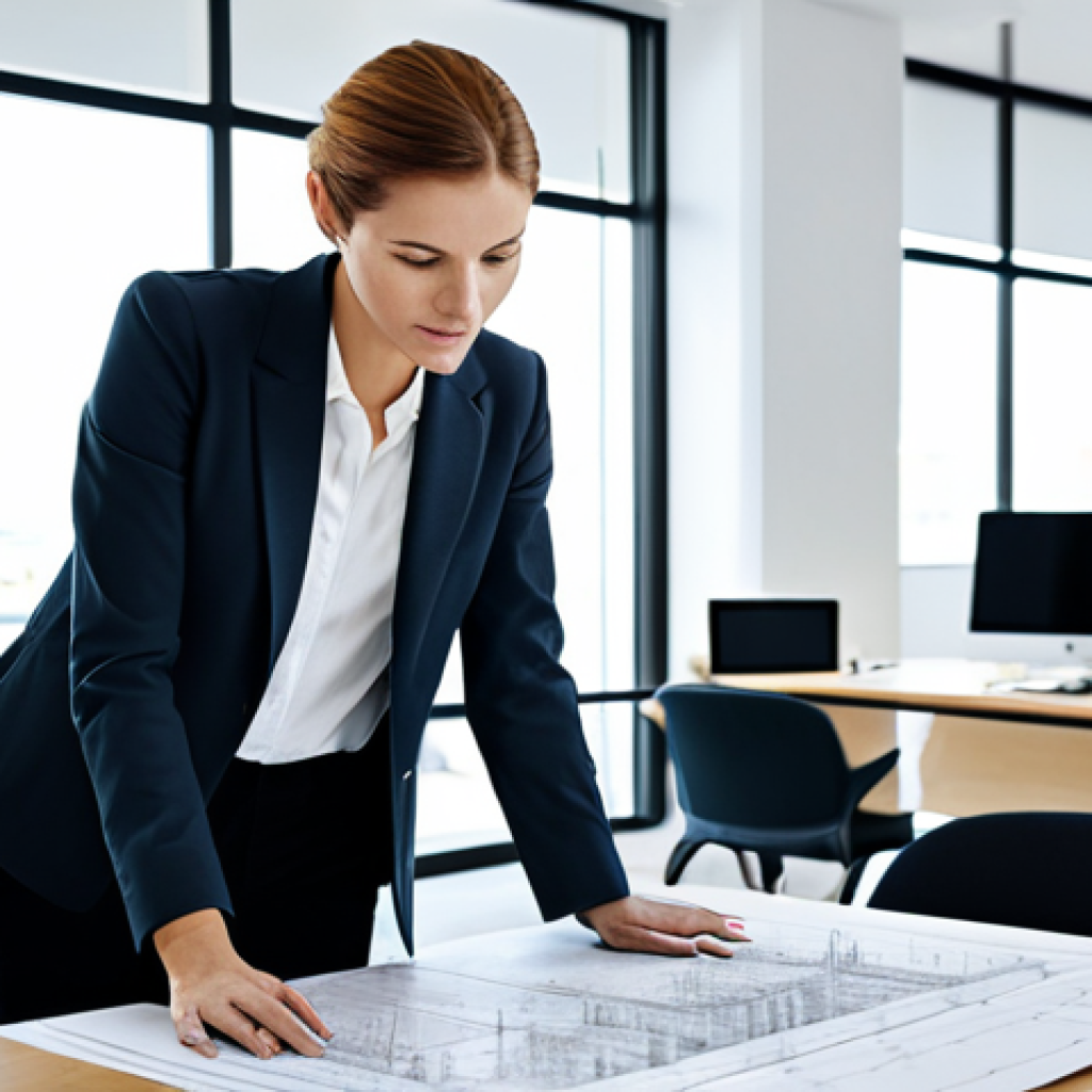 **
"A professional female architect in a well-lit, modern office, reviewing blueprints with a colleague, fully clothed in business casual attire, appropriate content, safe for work, perfect anatomy, natural proportions, collaborative environment, focus on architectural design."
**