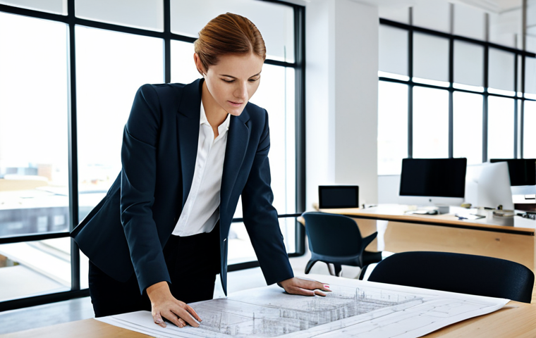 **
"A professional female architect in a well-lit, modern office, reviewing blueprints with a colleague, fully clothed in business casual attire, appropriate content, safe for work, perfect anatomy, natural proportions, collaborative environment, focus on architectural design."
**