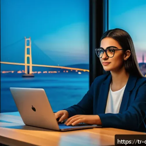 Home 30 디지털 제작자 운동의 비즈니스 모델 혁신 - A modern digital content creator workspace in Istanbul, featuring a young professional woman wearing...