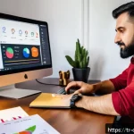 Home 23 디지털 제작자 운동의 성과 측정 방법 - A modern Turkish content creator in a cozy home office setting, working on a laptop with multiple sc...