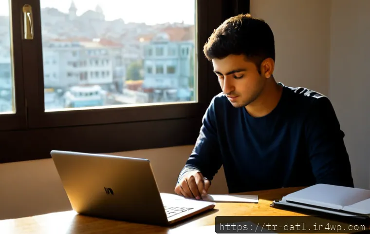 Home 17 디지털 제작자 운동에서의 자아 정체성 형성 - Photorealistic lifestyle scene of a young Turkish digital creator in Istanbul thoughtfully reviewing...